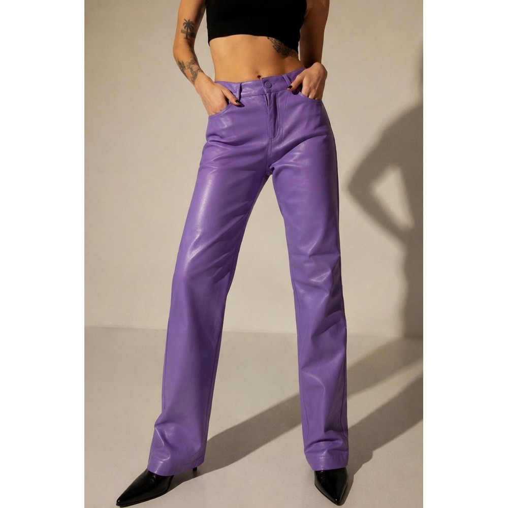 Zara Purple Faux Leather High Rise Straight Leg Pants 4432/406 Womens Small NWOT